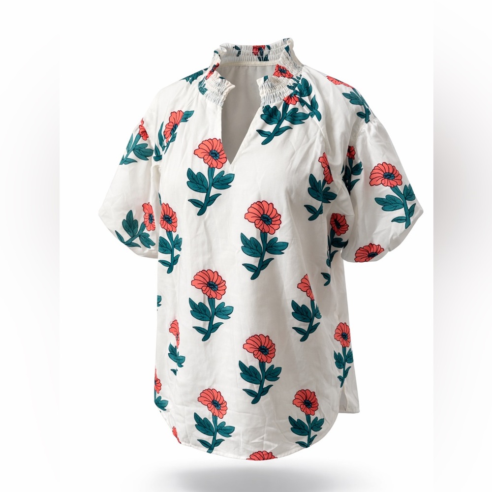 New! $68 Mod Boutique White Floral Peasant Top with Flowers sz L